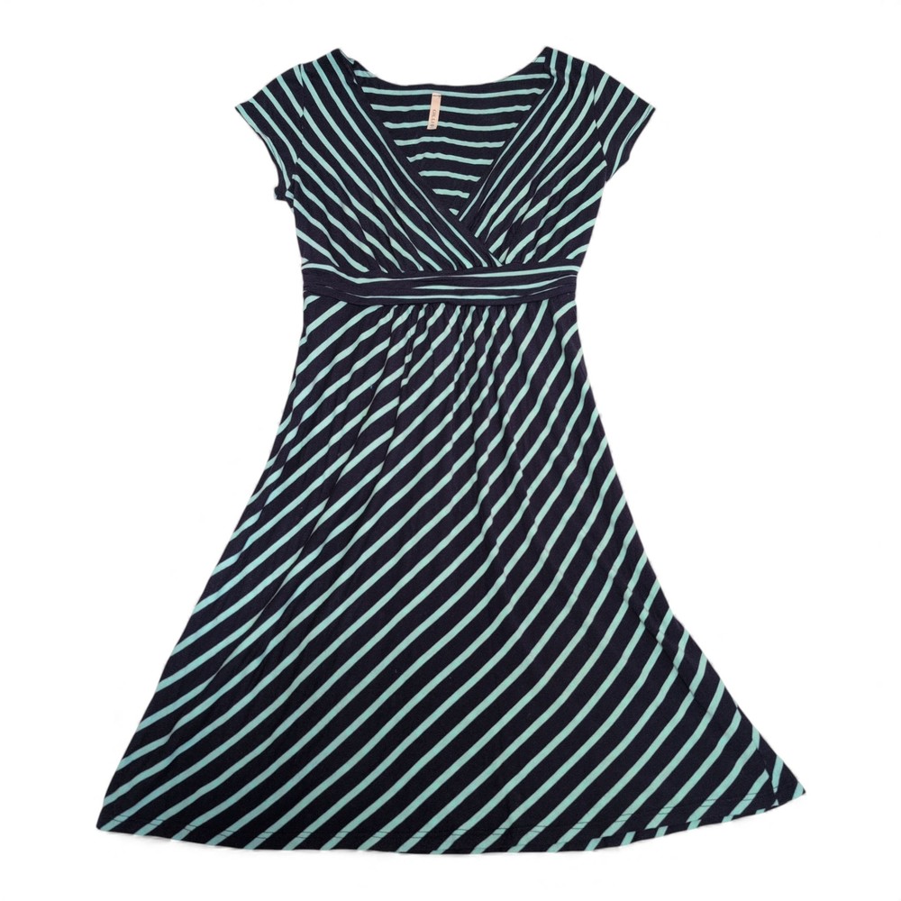 Gilli Navy and Mint Asymmetrical Striped V-Neck Dress